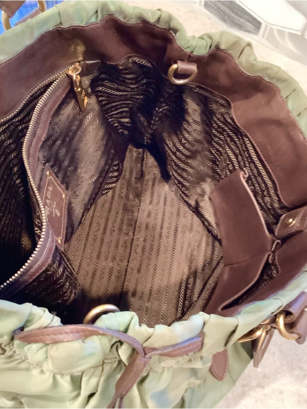 Prada Gaufre Olive Green Nylon Tote w/ Brown Leather Trim. PreLoved w/ sling - Picture 12 of 15